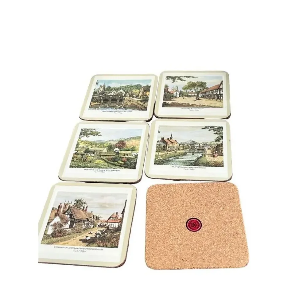 Pimpernel English Villages 4.25x4.25 Coasters Cork Bottom With Box